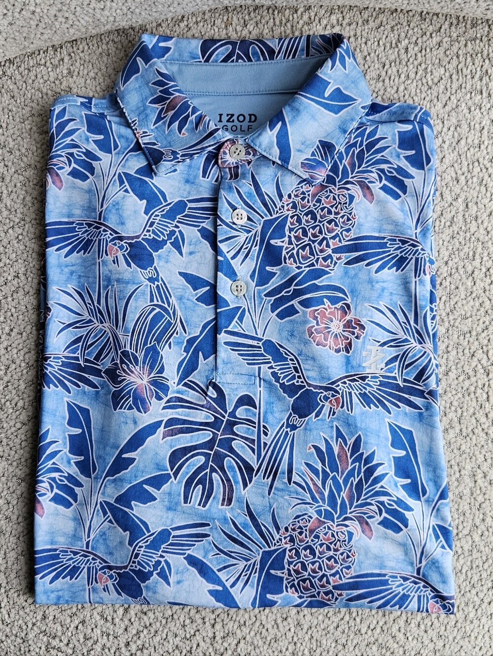 ​IZOD Golf Performance Tropical Polo Shirt Blue Floral Parrot Small